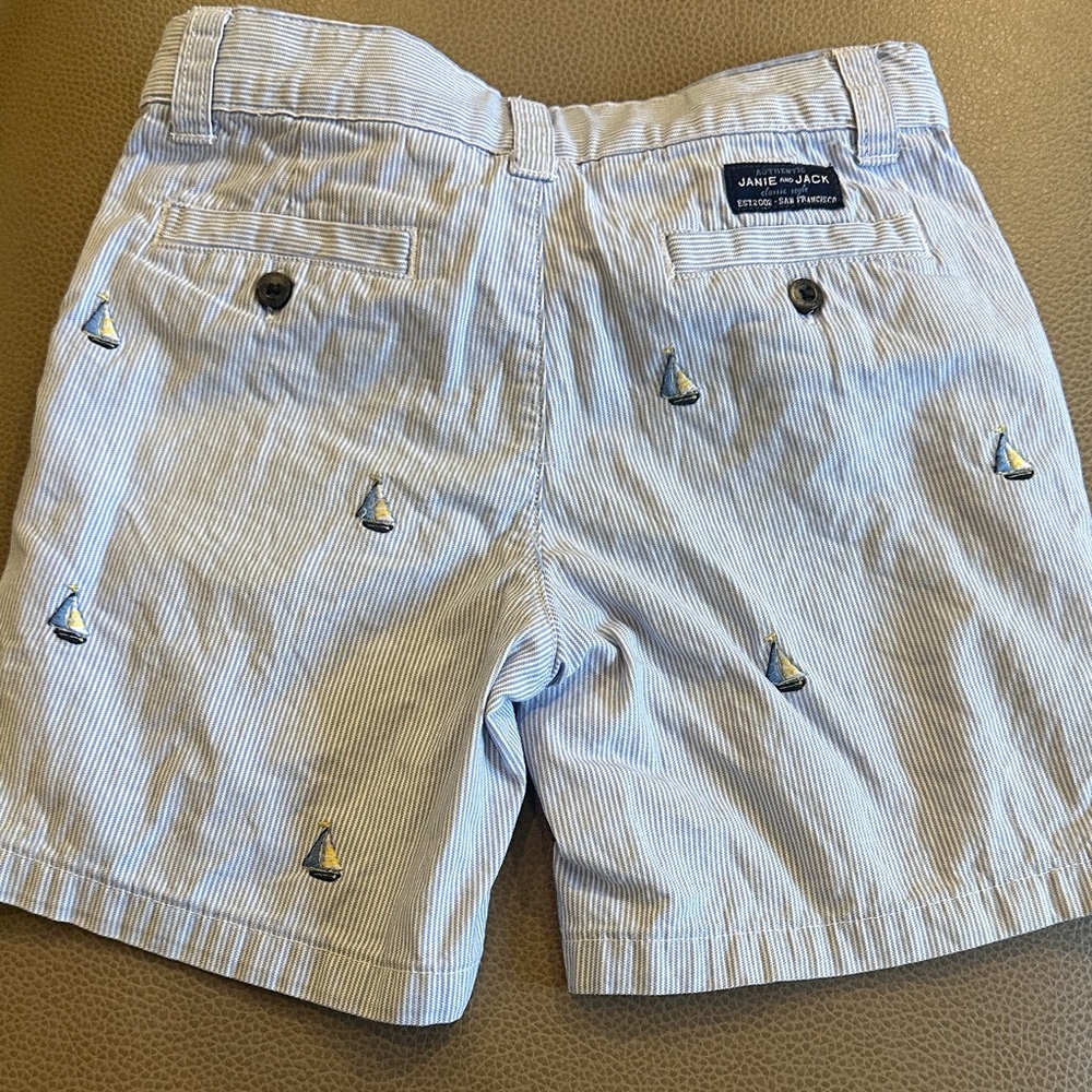 Janie and Jack White and Blue Striped Men's Shorts with Sailboat Embroidery